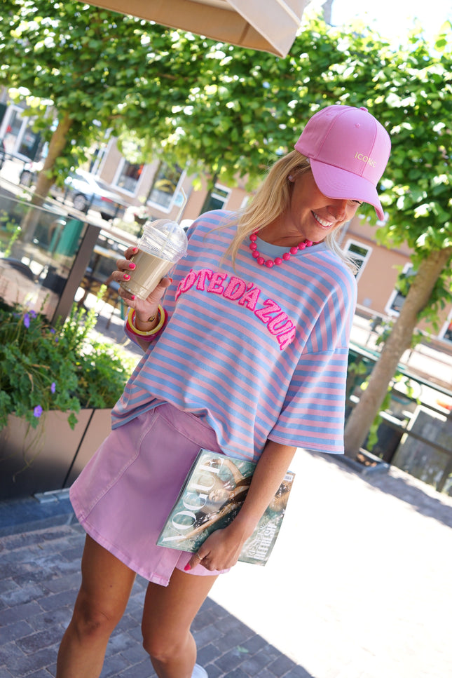 STREEP T-SHIRT CÔTE D'AZUR BLAUW ROZE