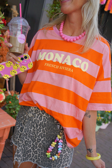 STREEP T-SHIRT MONACO ORANJE ROZE