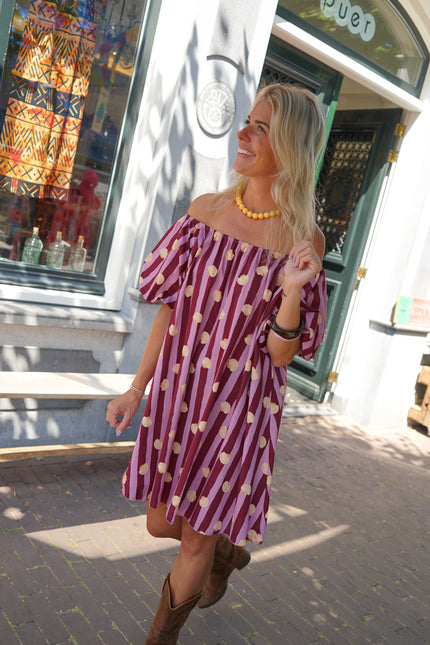 KATOENEN STREEP JURK SHELL BORDEAUX