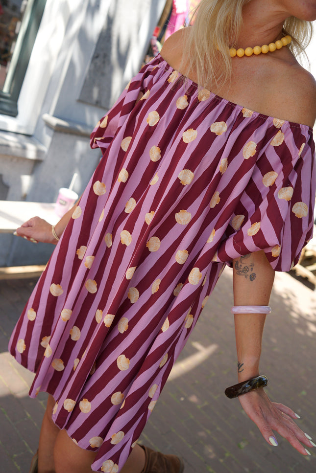 KATOENEN STREEP JURK SHELL BORDEAUX