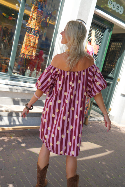 KATOENEN STREEP JURK SHELL BORDEAUX