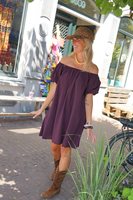 KATOENEN JURK OFF SHOULDER AUBERGINE