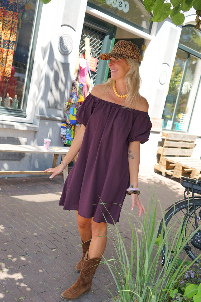 KATOENEN JURK OFF SHOULDER AUBERGINE