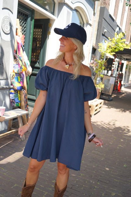KATOENEN JURK OFF SHOULDER BLAUW