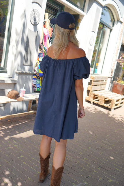 KATOENEN JURK OFF SHOULDER BLAUW
