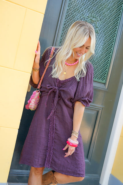 LINNEN KNOOPVEST AUBERGINE