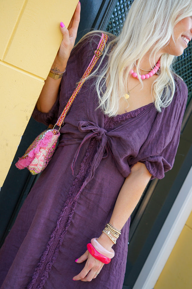 LINNEN KNOOPVEST AUBERGINE