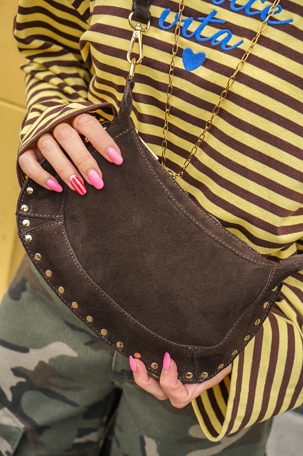 Bruine suède tas met gouden studs