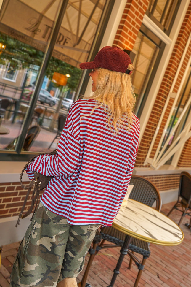 Bordeaux-blauw gestreepte longsleeve met tekst La Dolce Vita – foto 3