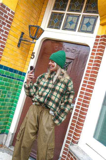 Teddy Jacket Geruit Bruin Groen