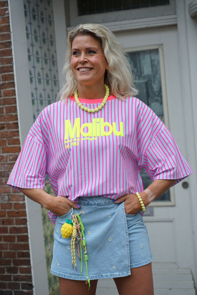 STREEP T-SHIRT MALIBU BLAUW ROZE