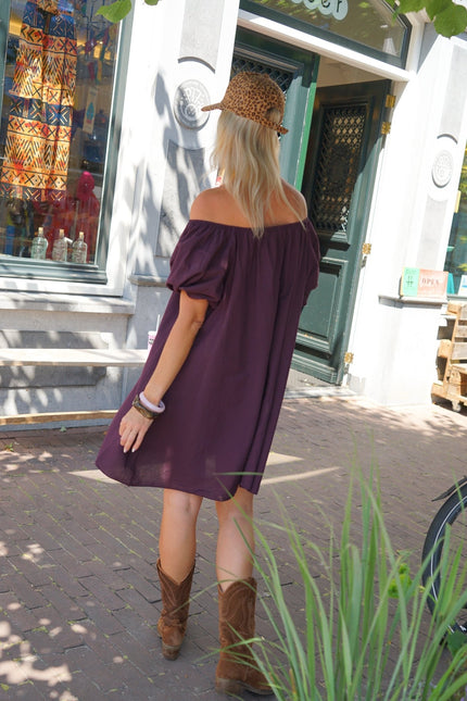 KATOENEN JURK OFF SHOULDER AUBERGINE - Hipishet