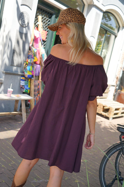 KATOENEN JURK OFF SHOULDER AUBERGINE - Hipishet