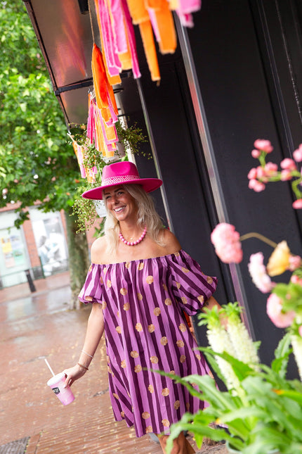 KATOENEN STREEP JURK SHELL AUBERGINE - Hipishet