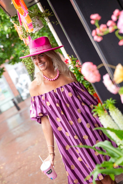 KATOENEN STREEP JURK SHELL AUBERGINE - Hipishet