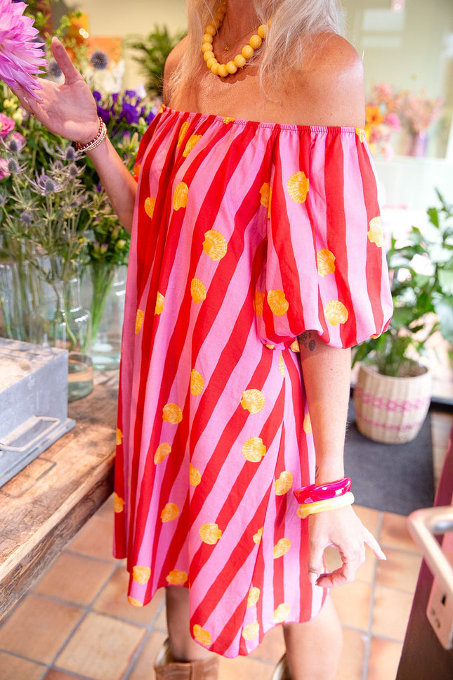 KATOENEN STREEP JURK SHELL ROOD - Hipishet