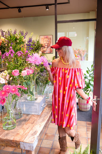 KATOENEN STREEP JURK SHELL ROOD - Hipishet