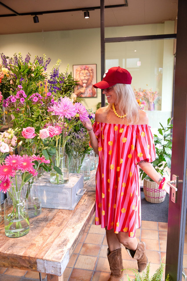 KATOENEN STREEP JURK SHELL ROOD - Hipishet