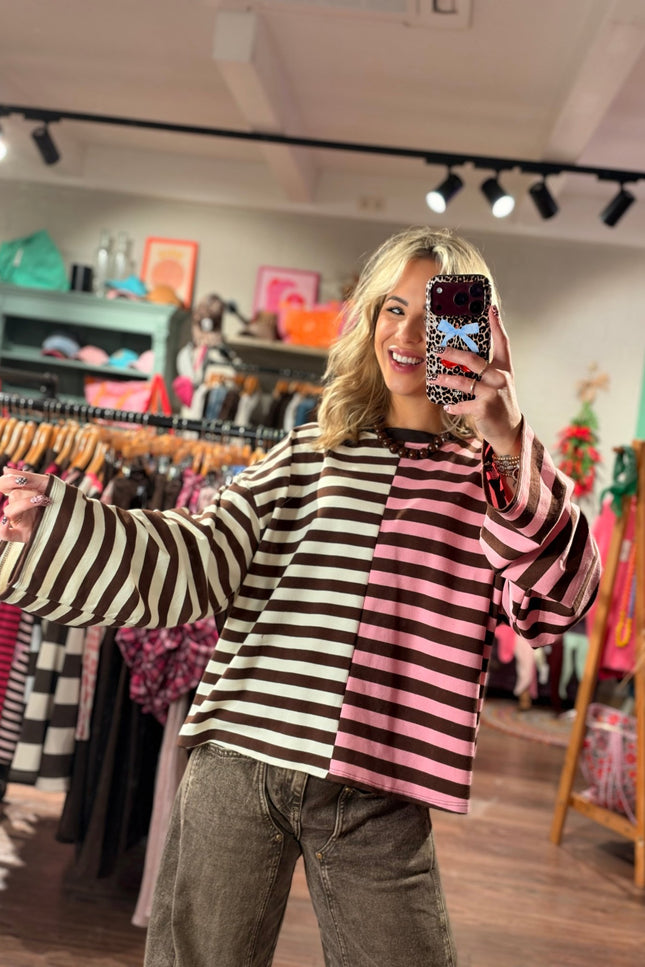 STREEP LONGSLEEVE DAPHNE ROZE ECRU - Hip is het