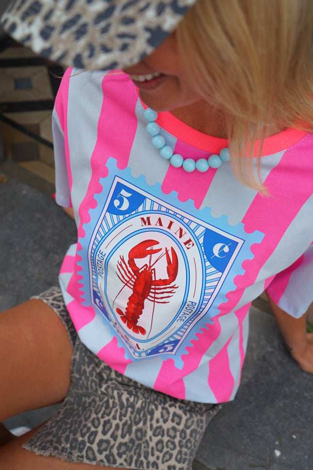 STREEP T - SHIRT LOBSTER LICHTBLAUW ROZE - Hipishet