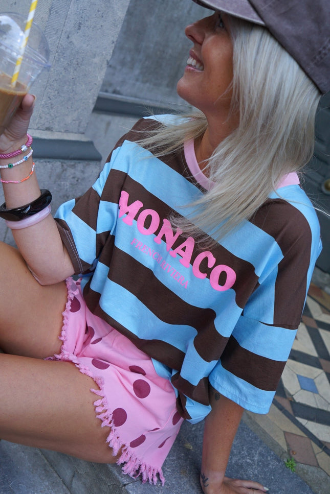 STREEP T-SHIRT MONACO BLAUW BRUIN - Hipishet