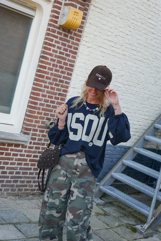 SWEATER BISOUS NAVY BEIGE - Hip is het