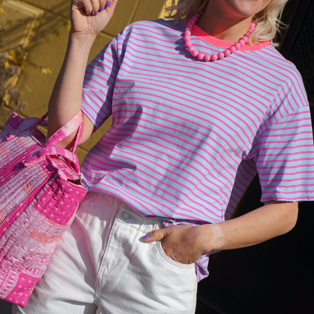 T - SHIRT STREEP FEM BLAUW ROZE - Hipishet